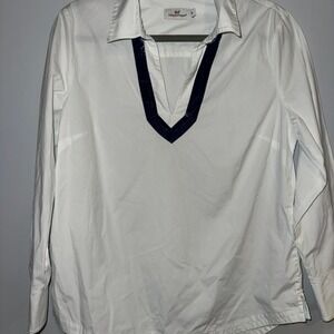 Vineyard Vines Velvet Trim Stretch Cotton Popover Blouse‎ in White Cap